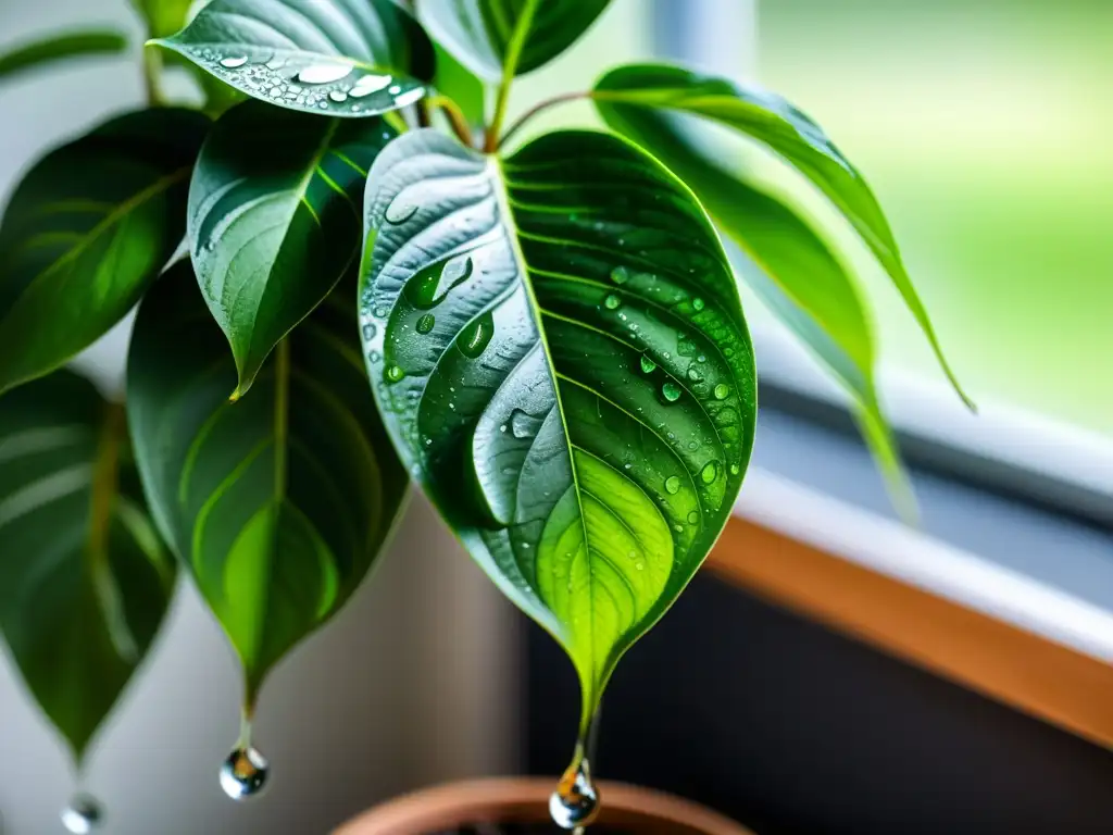 Planta de interior con gotas de agua, frente a un moderno aire acondicionado