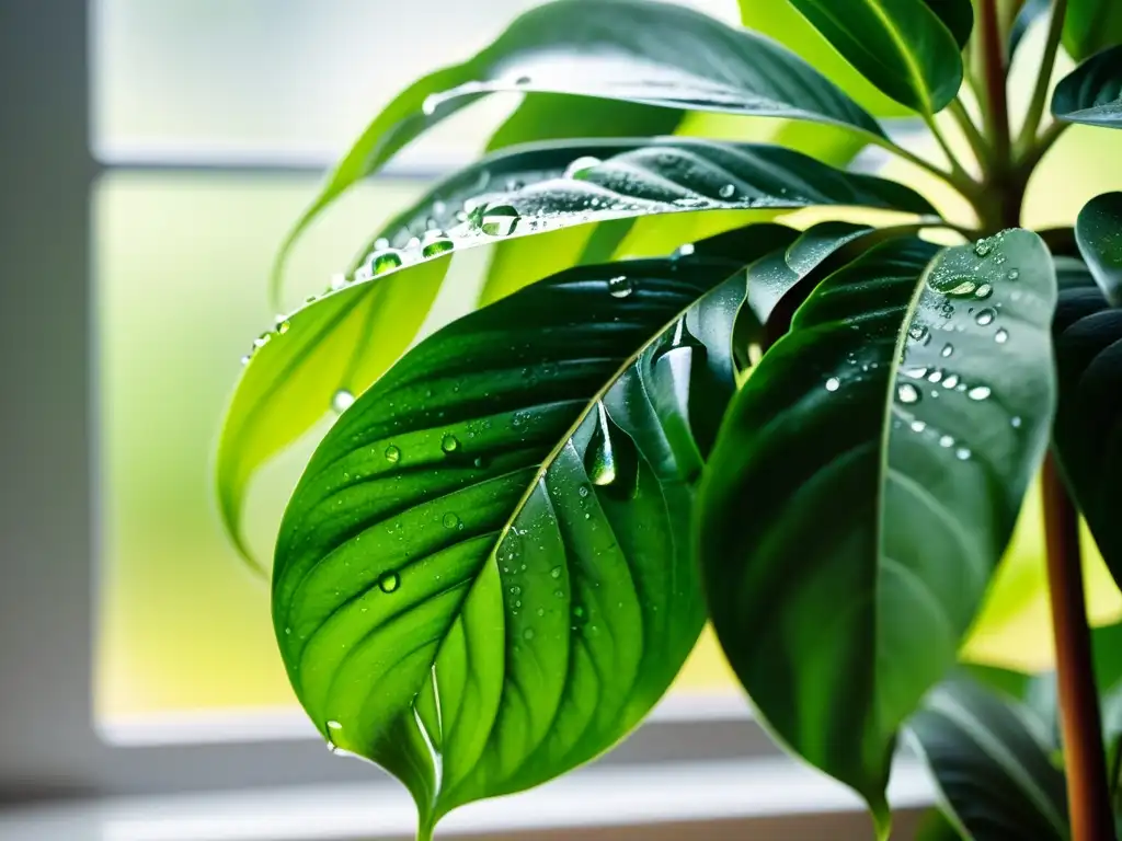 Planta de interior con gotas de agua, iluminada por luz natural