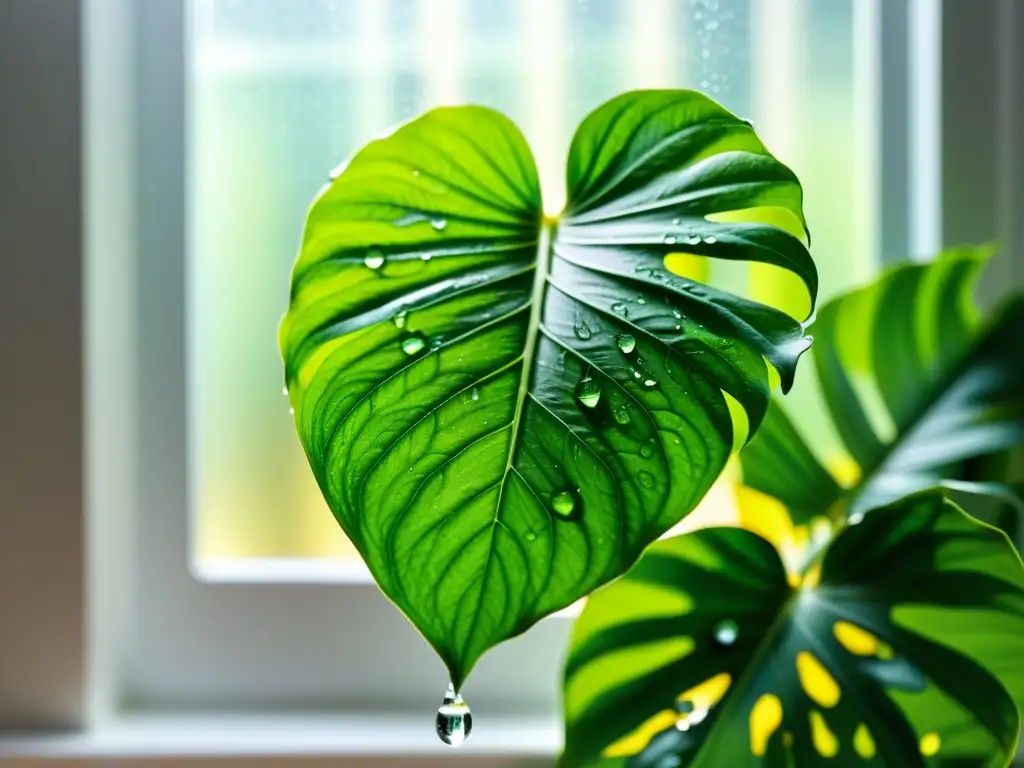 Planta de interior con gotas de agua, reflejando luz natural