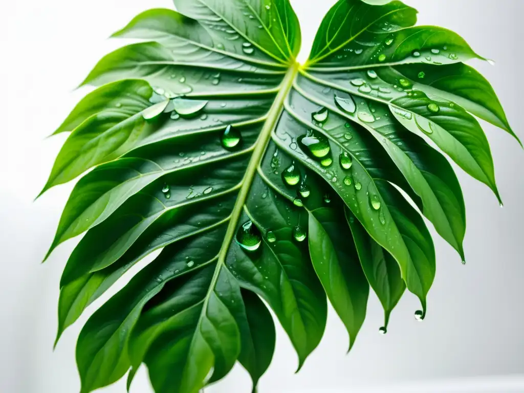 Planta de interior con gotas de agua, exuberante y serena