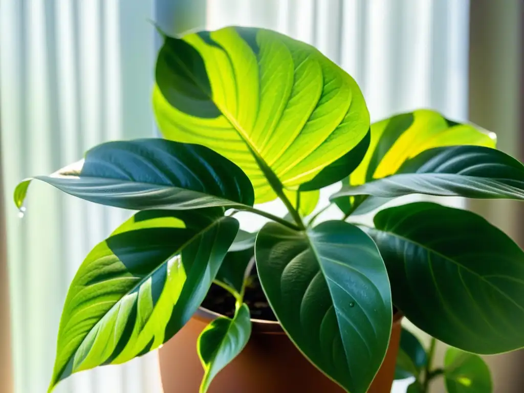 Planta de interior con hojas brillantes, luz solar suave y gotas de agua