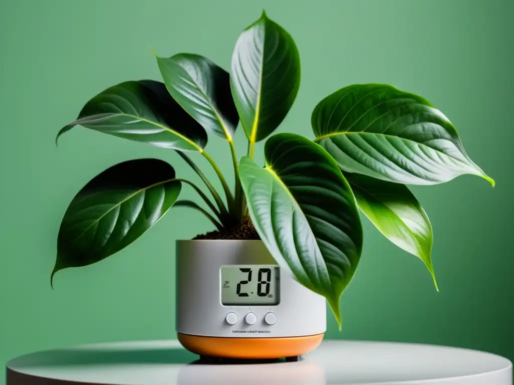 Planta de interior con hojas delicadas y termómetro digital, destacando los límites térmicos para plantas de interior