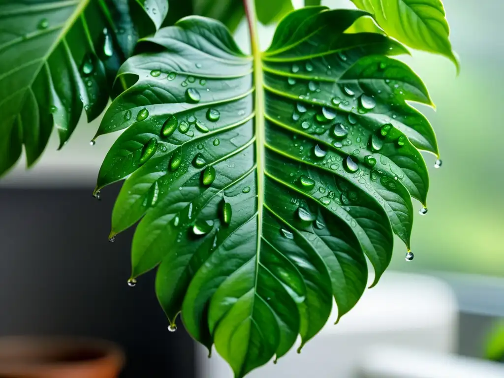 Planta de interior con hojas perfectas cubiertas de gotas de agua, mostrando los efectos de la humedad en las plantas de interior