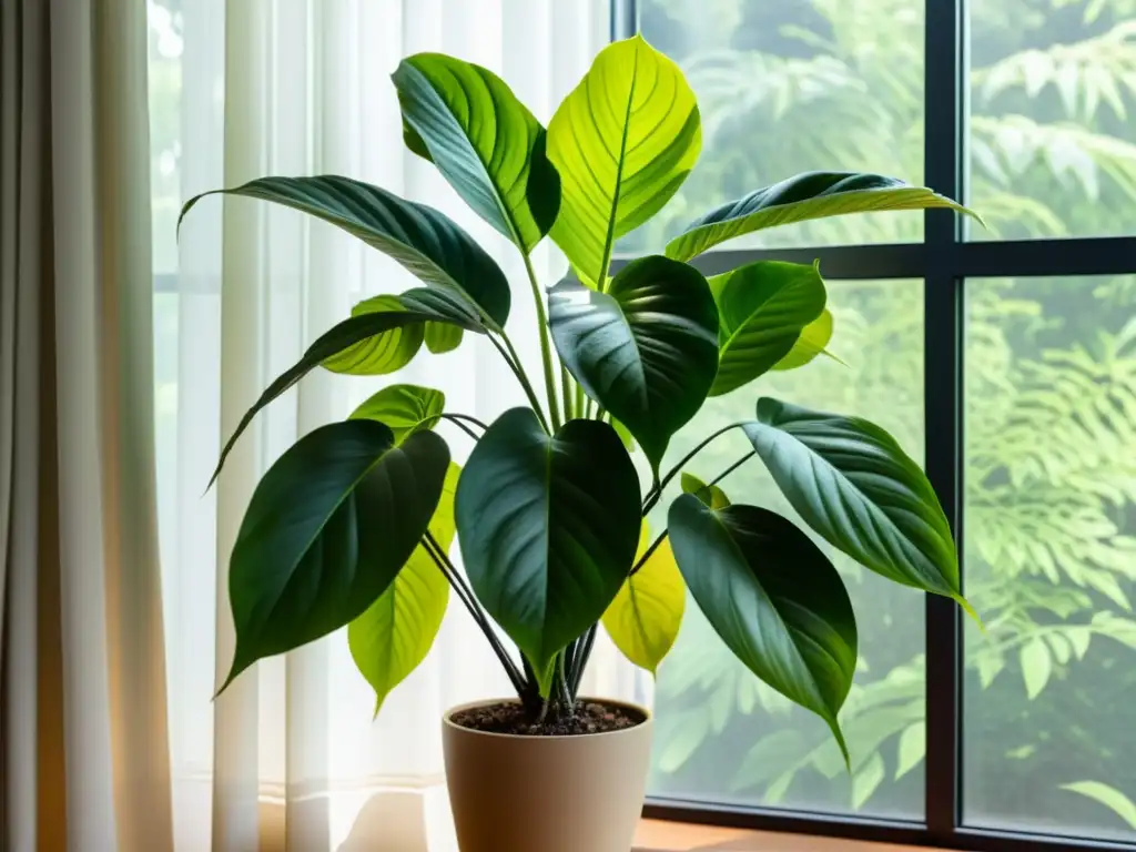 Planta de interior con hojas variegadas en soporte moderno, maximizando luz natural