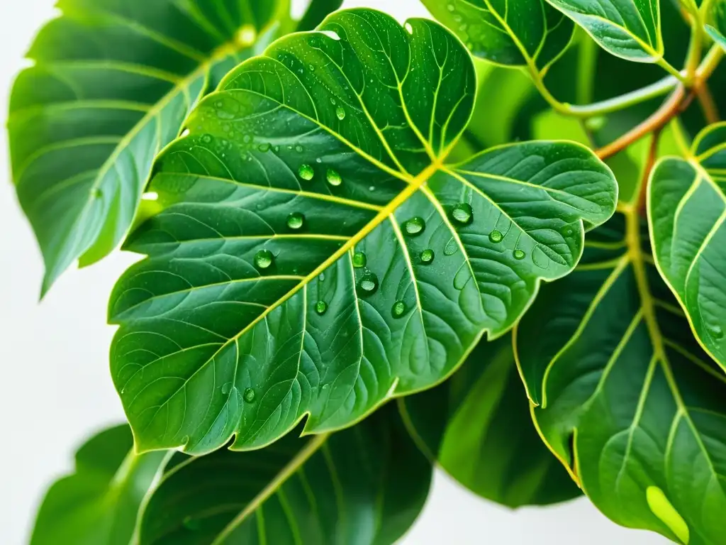 Planta de interior con hojas verdes brillantes y gotas de fertilización foliar, sobre fondo blanco