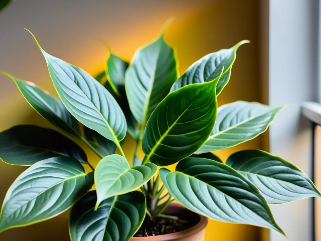 Planta de interior con hojas verdes brillantes bajo una cálida luz dorada