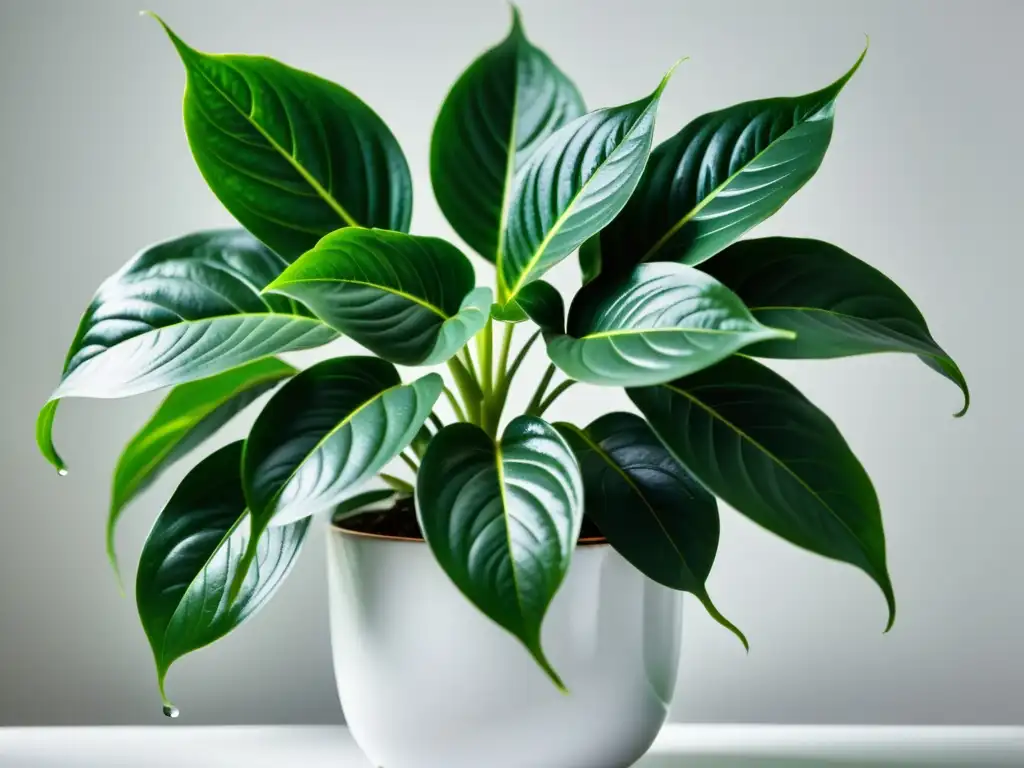 Una planta de interior con hojas verdes exuberantes y brillantes, goteando agua, irradiando vitalidad