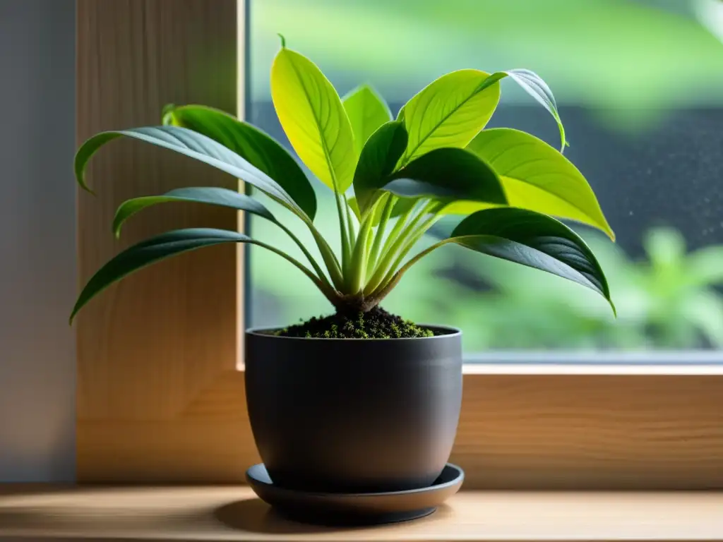 Una planta de interior con hojas verdes vibrantes descansa en un alféizar moderno, rodeada de cenizas que realzan su belleza natural