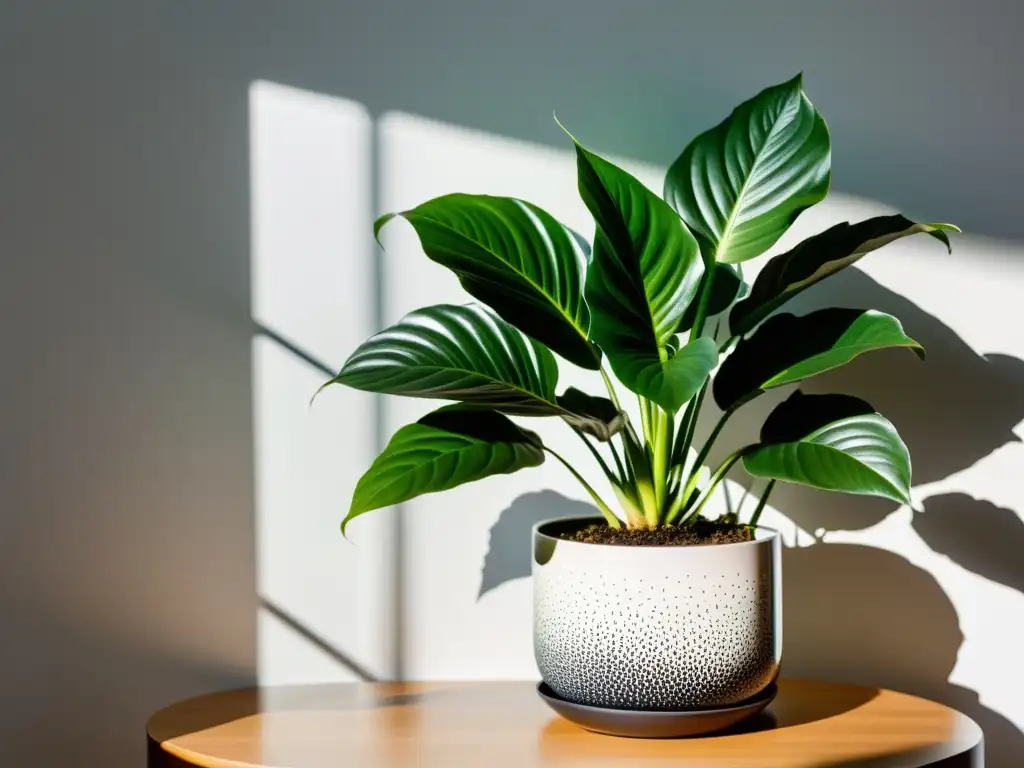 Planta de interior con hojas vibrantes en maceta moderna, regula la temperatura