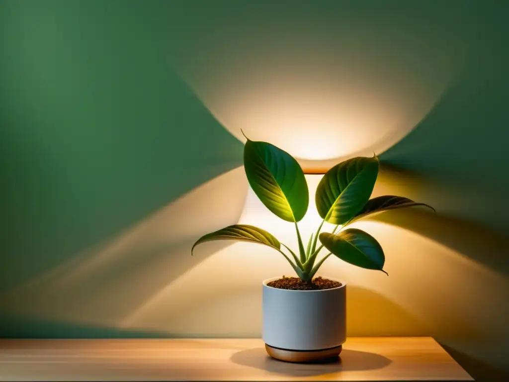 Una planta de interior iluminada por una lámpara moderna, perfecta para fotografiar plantas de interior de noche