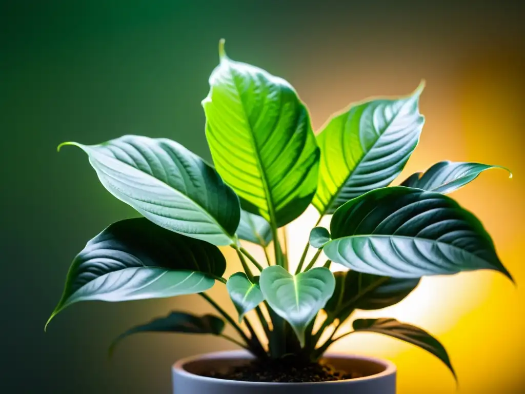 Planta de interior iluminada por LED, resaltando su exuberante follaje verde en contraste con la luz suave y cálida