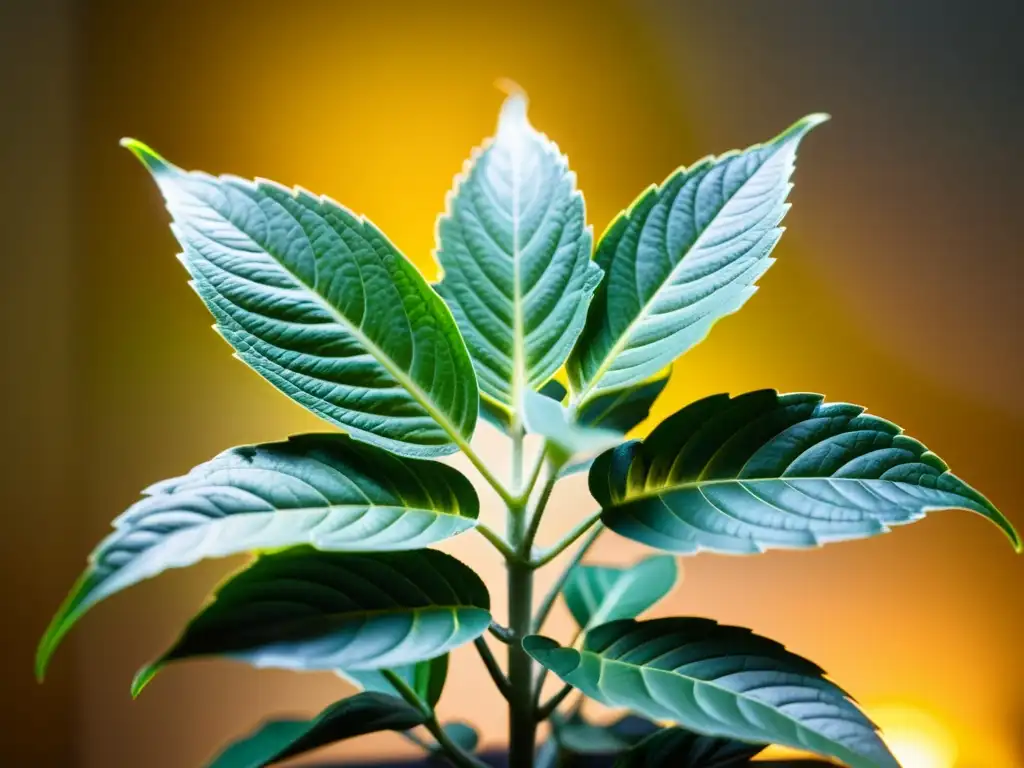 Planta de interior iluminada por luces de crecimiento, muestra su exuberancia en tonos verdes bajo luz LED cálida