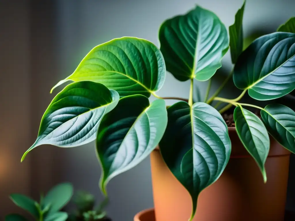 Planta de interior iluminada por la suave luz nocturna, resaltando sus detalles