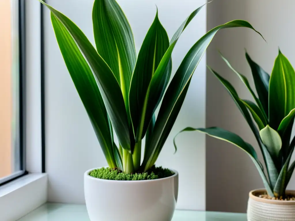 Planta de interior para relajación laboral, sansevieria trifasciata en maceta blanca, ambiente moderno y tranquilo