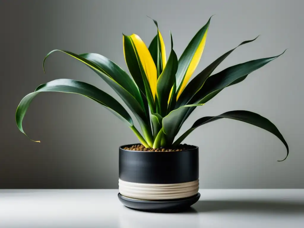 Planta de serpiente verde en maceta negra: elegancia natural y moderna Planta de interior poca luz: Elegante maceta negra con Sansevieria trifasciata en un fondo blanco, iluminado por luz natural