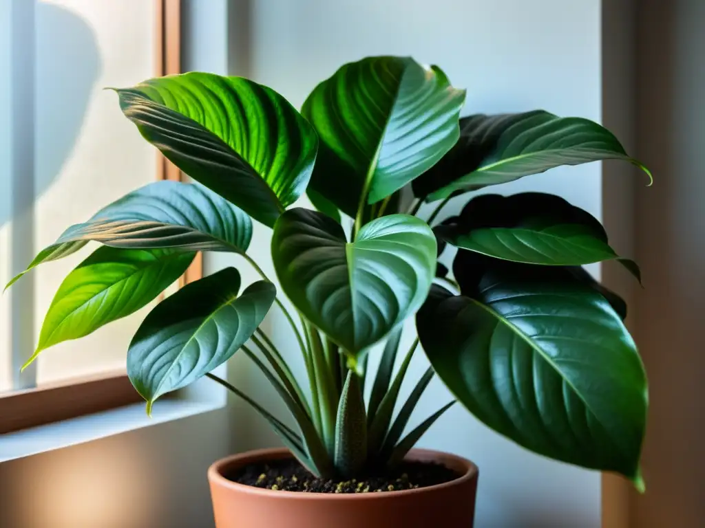 Detalle exquisito: planta de interior en luz suave Una planta de interior de poca luz, con exuberante follaje verde, bañada por suave luz difusa
