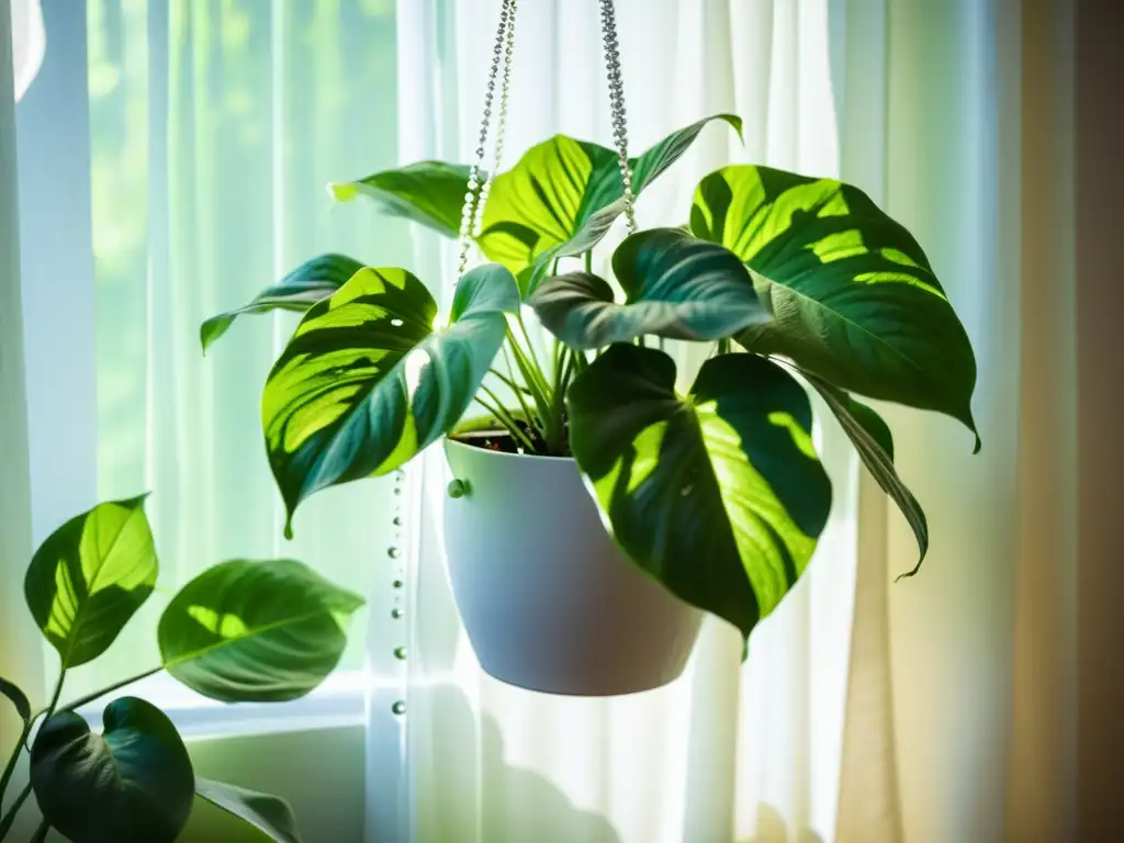 Planta de interior poca luz: exuberante pothos en maceta blanca bajo suave luz filtrada, evocando tranquilidad y sofisticación