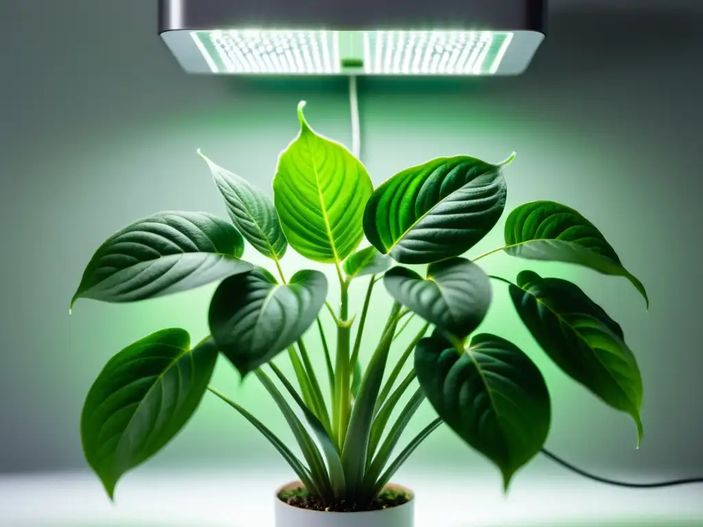 Planta de interior en luz LED, vibrante y saludable, con detalles de hojas y gotas de agua