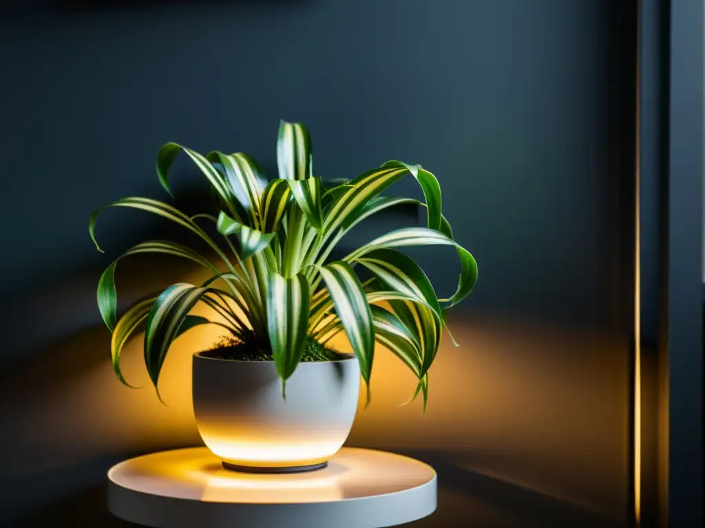 Planta de interior que necesita luz nocturna en ambiente sereno y elegante