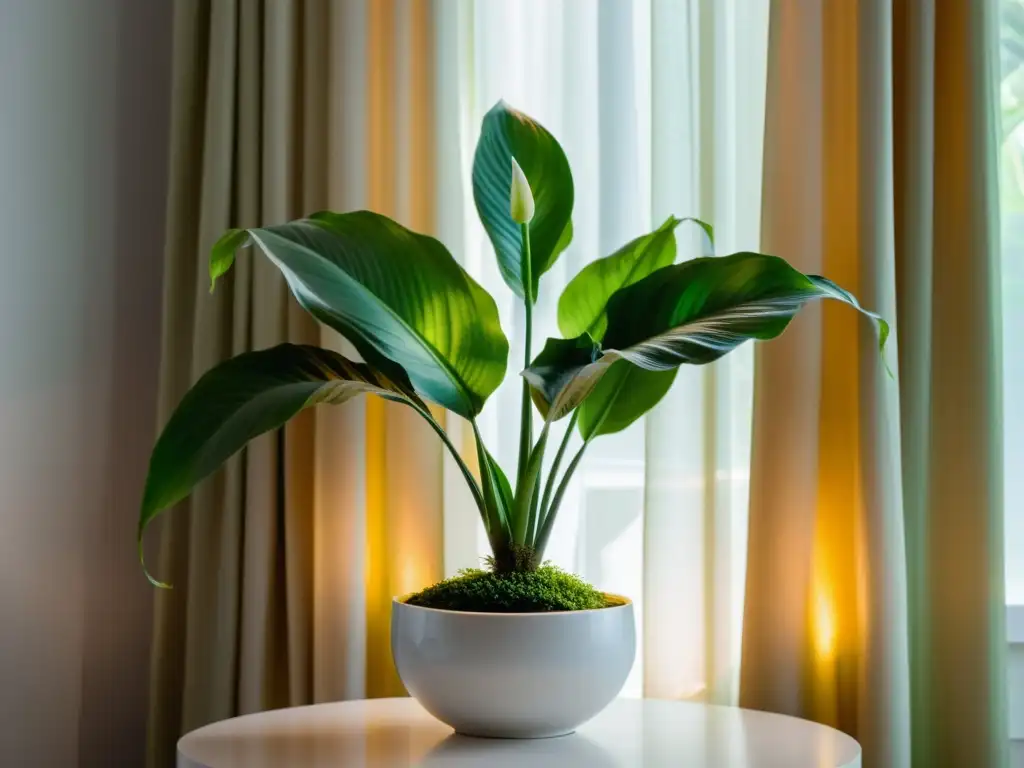 Una planta de interior florece en poca luz, serenidad y elegancia en verde vibrante