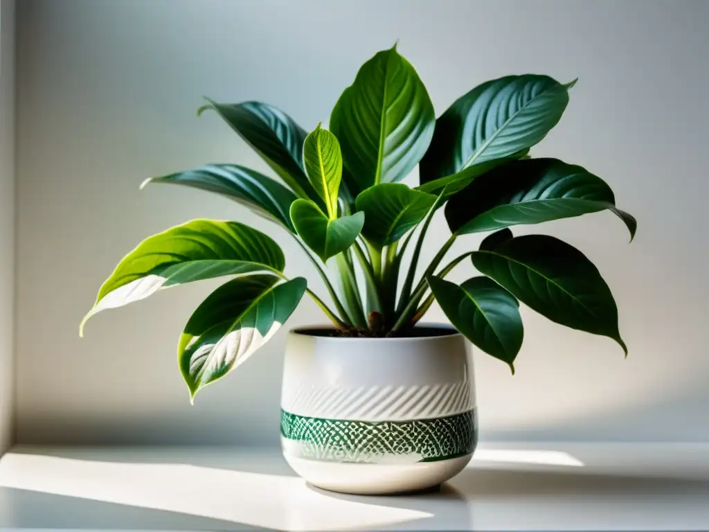 Planta de interior en maceta blanca con hojas verdes vibrantes y saludables