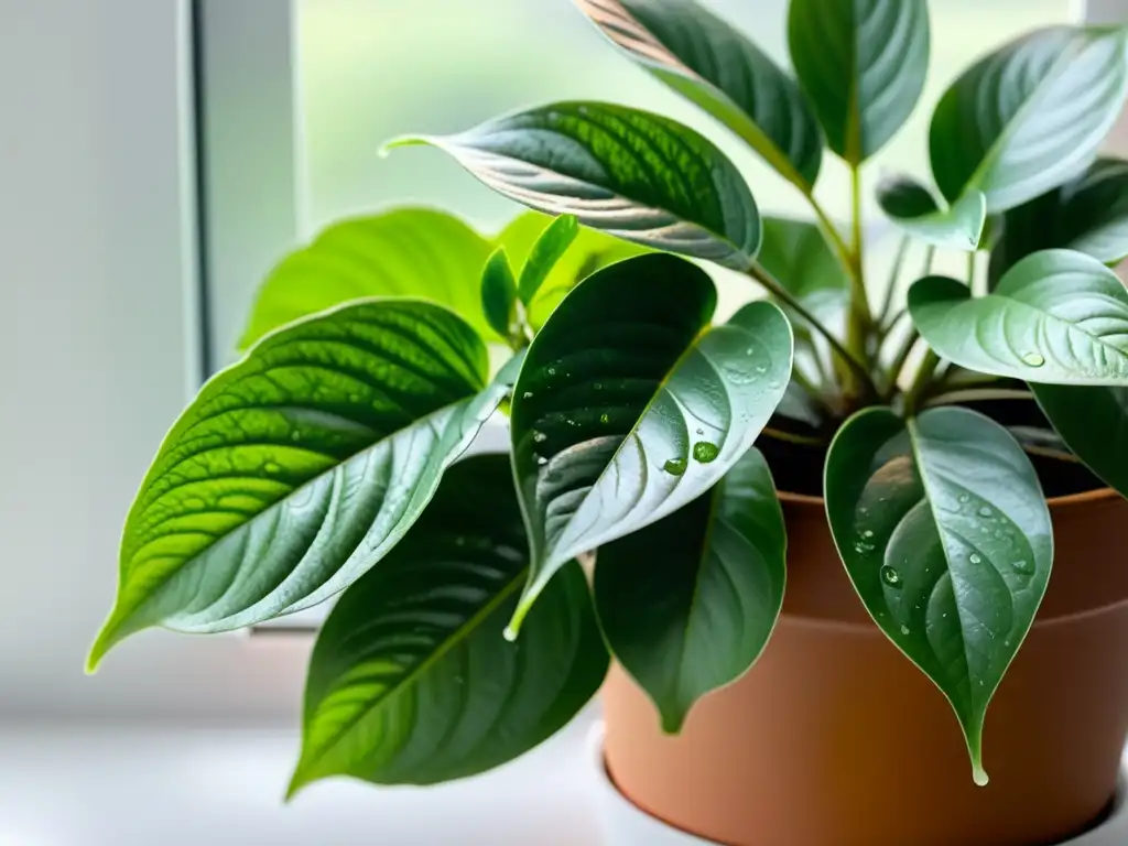 Una planta de interior en una maceta con hojas verdes vibrantes, luz solar filtrada y gotas de agua