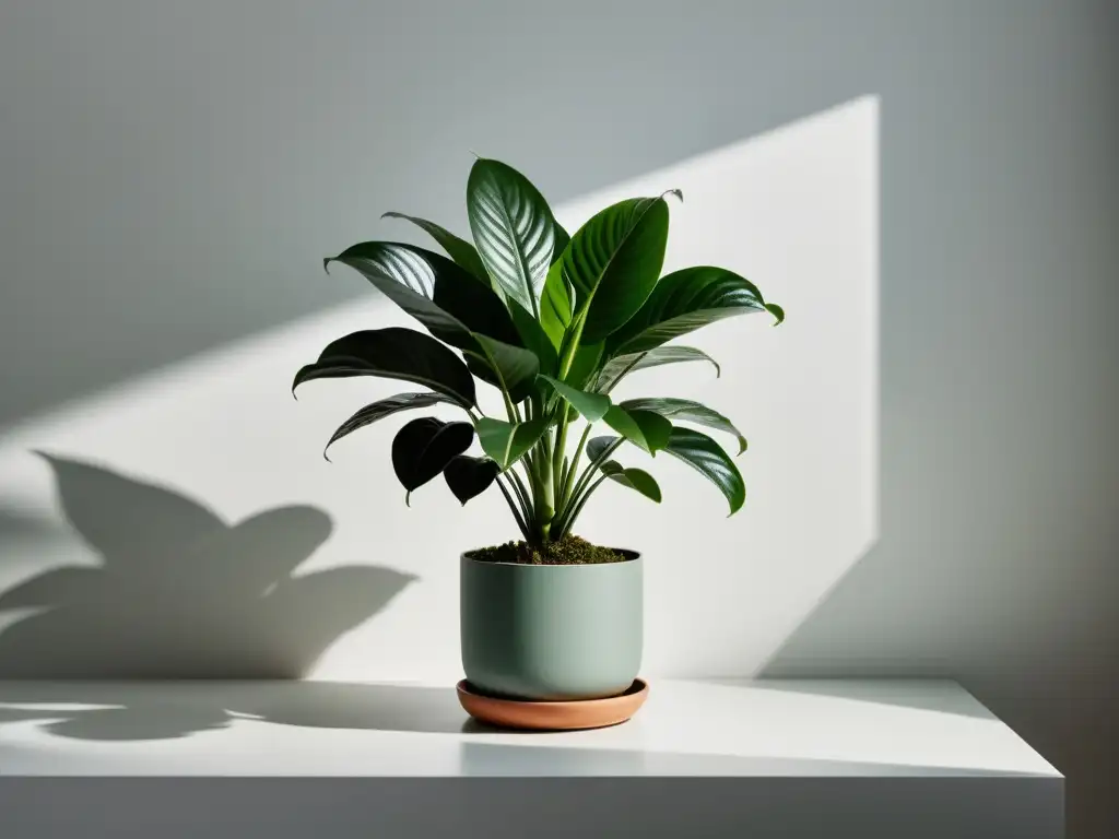 Planta de interior en maceta con hojas verdes vibrantes, iluminada suavemente