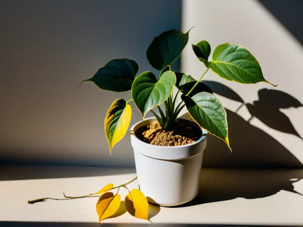 Una planta de interior marchita en una maceta blanca, con tierra seca y hojas amarillentas, iluminada por una luz cálida