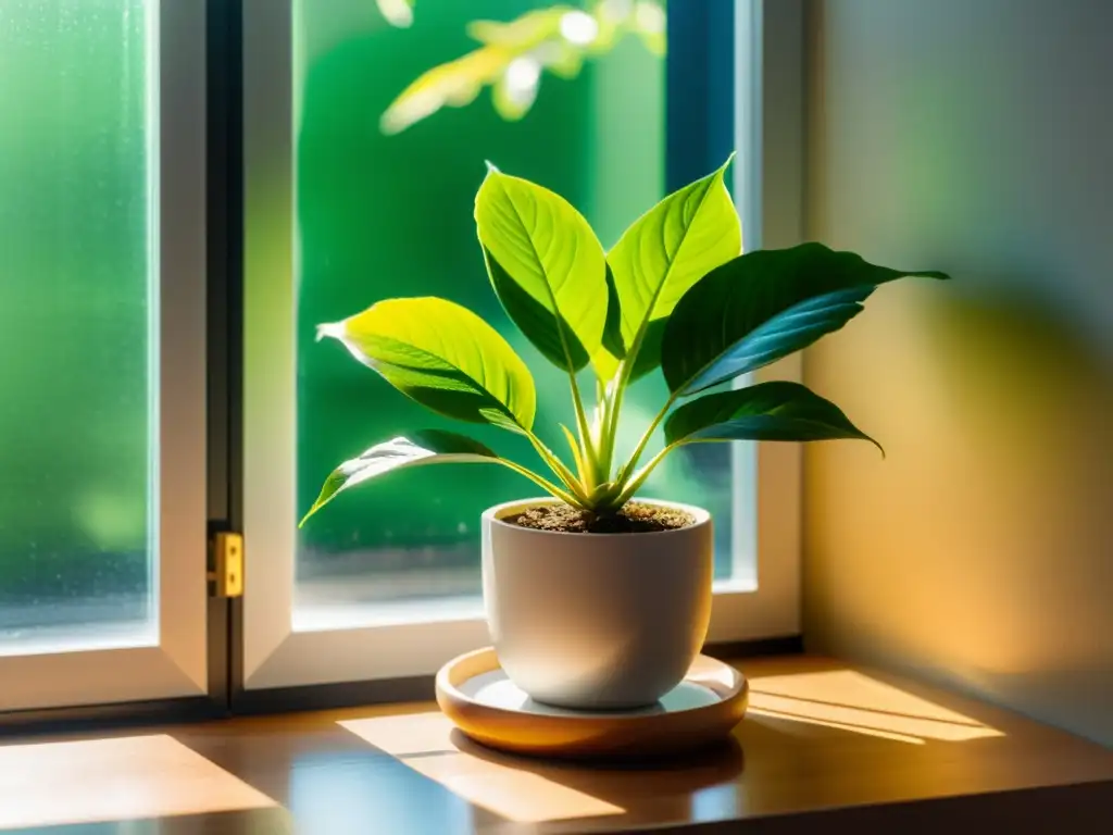 Planta de interior bajo iluminación natural, creando un ambiente sereno y acogedor