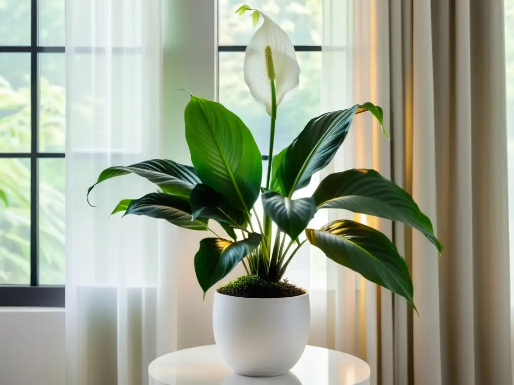 Planta de interior en pedestal blanco, bajo luz suave, cultivar plantas de interior en luz tenue