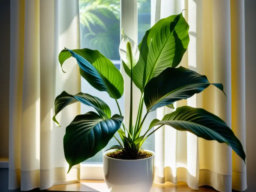 Planta de paz llena de serenidad Una planta de interior que prospera en penumbra, un lirio de la paz verde exuberante iluminado por la luz filtrada a través de una cortina