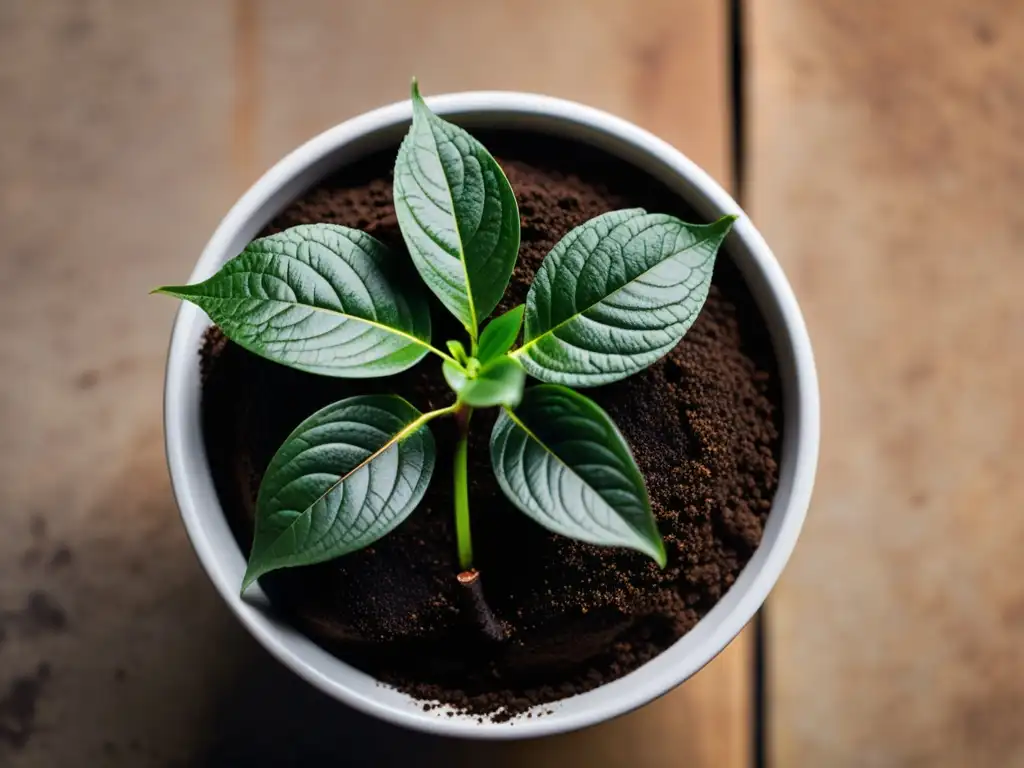 Planta de interior con posos de café, aportando nutrientes