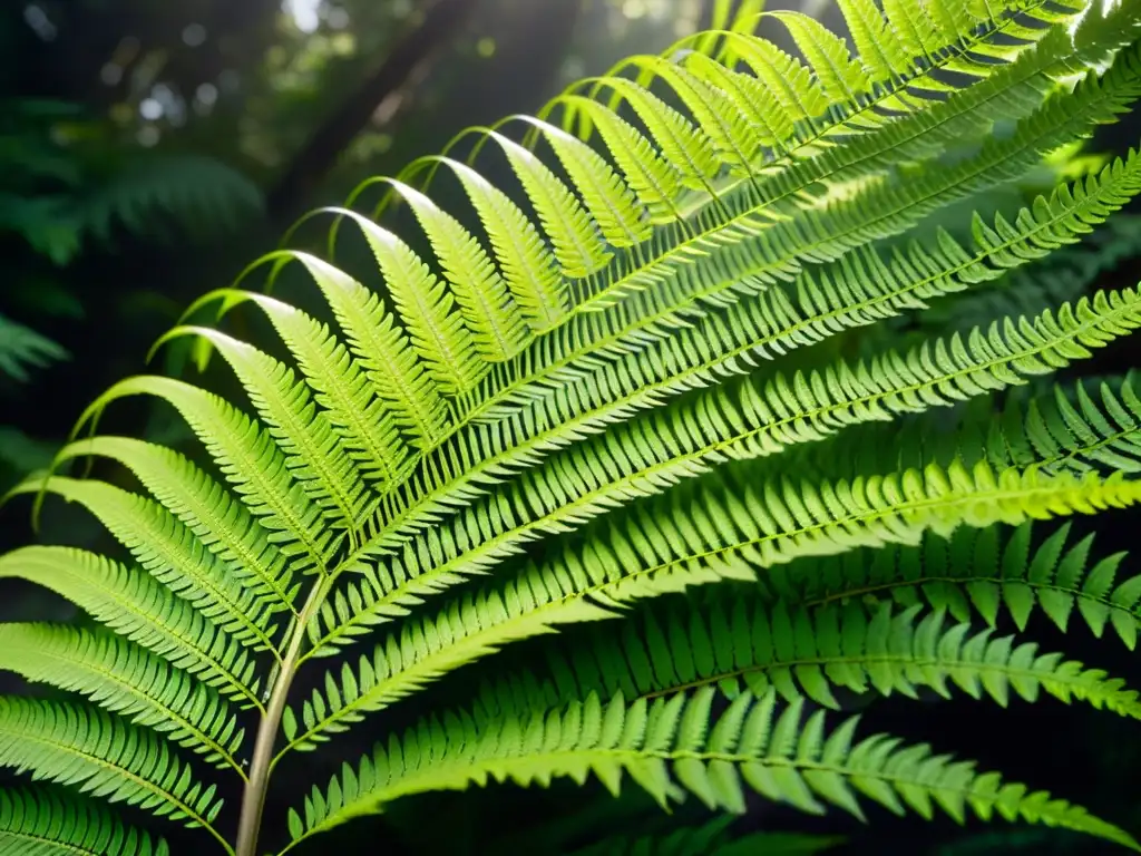 Planta de interior con propiedades curativas: helecho verde en un bosque soleado, con frondas delicadas desplegándose en un suelo frondoso