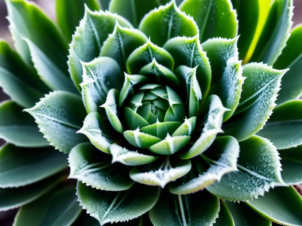 Planta de interior resistente al frío, hojas verdes con cristales de hielo, belleza y resiliencia ante las bajas temperaturas