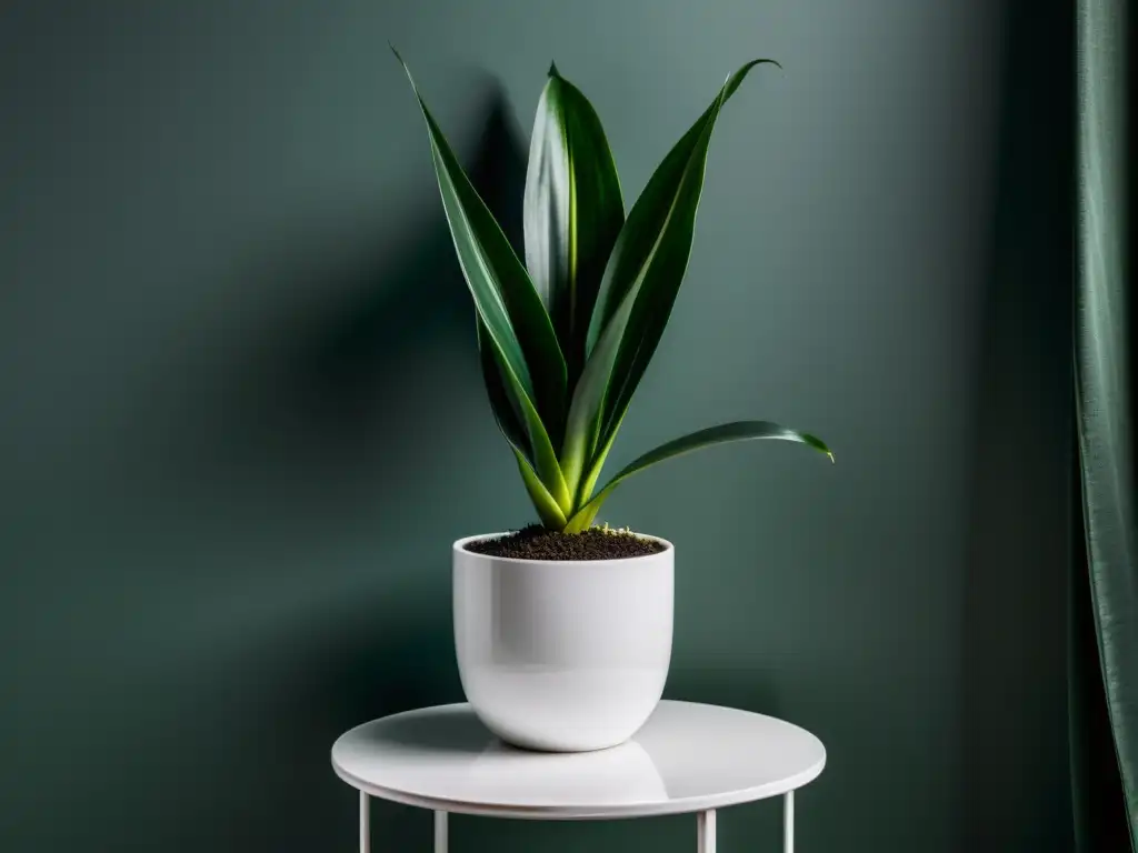 Planta de serpiente en interior moderno: serenidad verde Planta de interior resistente a poca luz, sansevieria trifasciata en moderno soporte blanco, proyectando tranquilidad en ambiente tenue