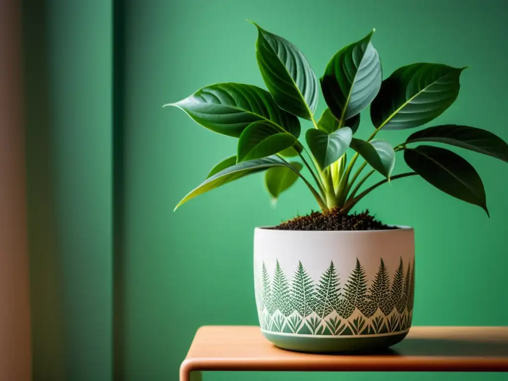 Planta de interior con significado espiritual, bañada en luz natural, vibrante y saludable en una maceta elegante