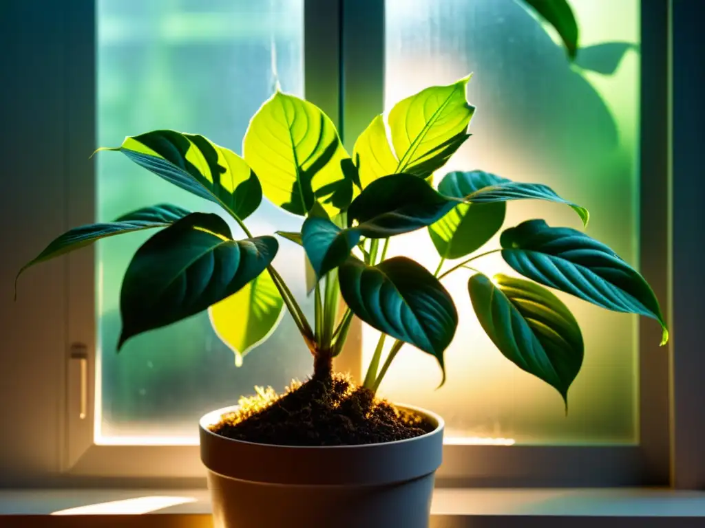 Una planta de interior con síntomas de falta de luz, hojas marchitas y tallos alargados, bajo una luz tenue