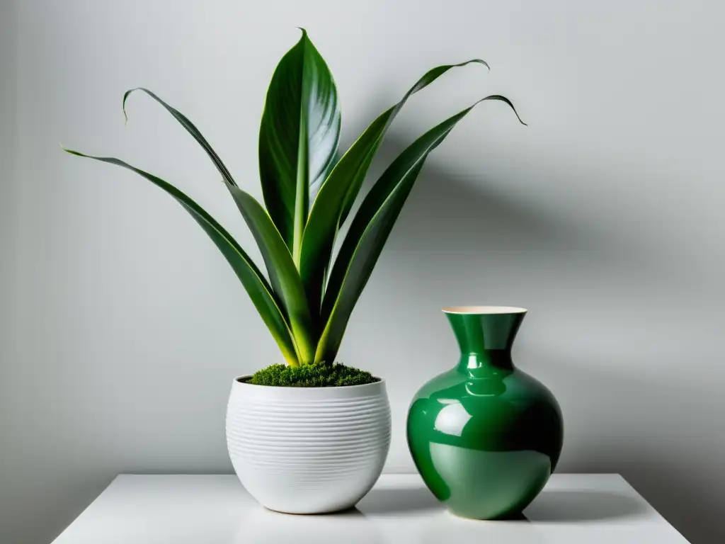 Una planta de interior sin sol: Sansevieria verde en soporte blanco, minimalista y elegante