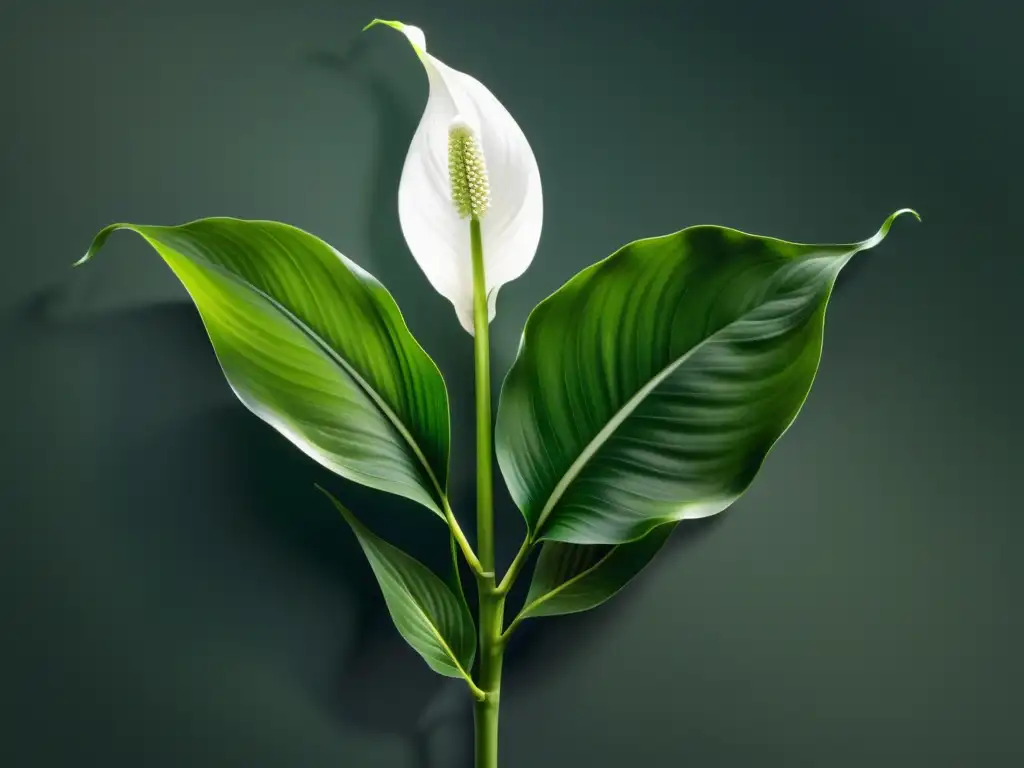 Una planta de interior que florece en sombra, con hojas verdes y flores blancas, en un entorno sereno y tranquilo