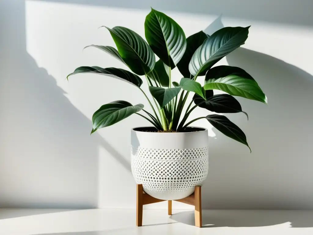 Planta de interior en soporte moderno con ambiente sereno y temperatura ideal para plantas de interior