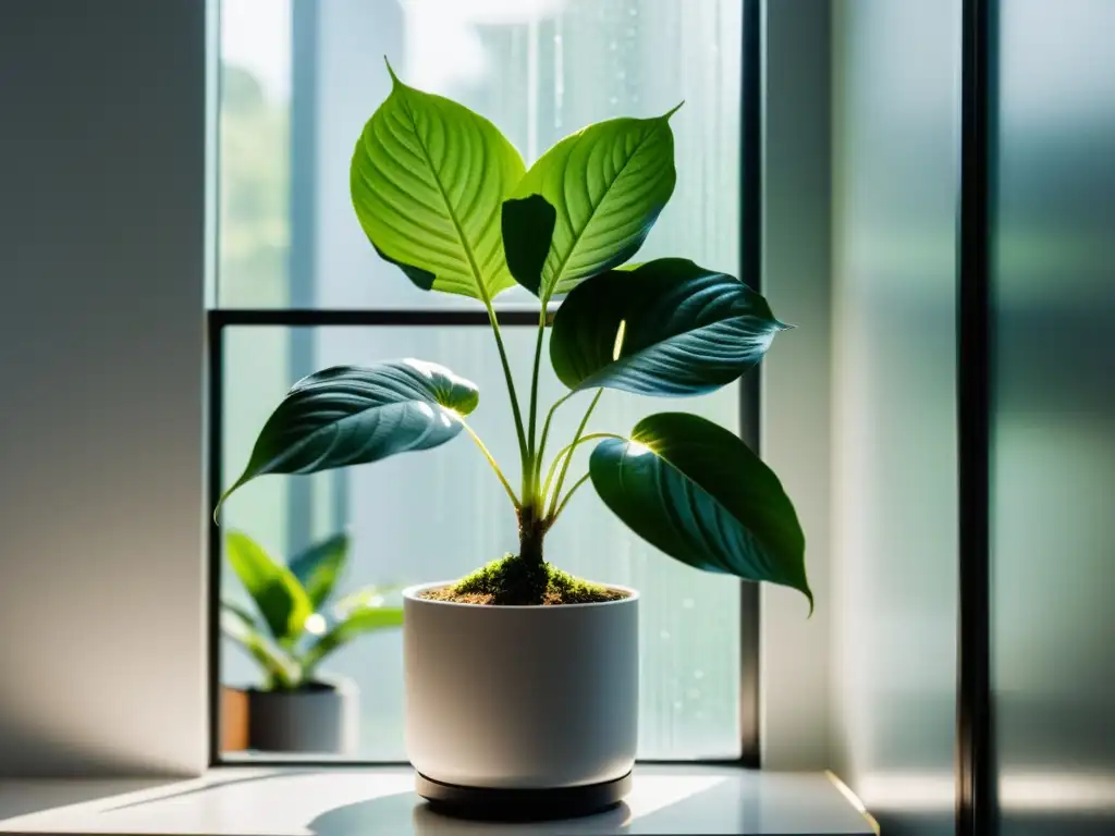 Una planta de interior en un soporte moderno, bañada por luz natural