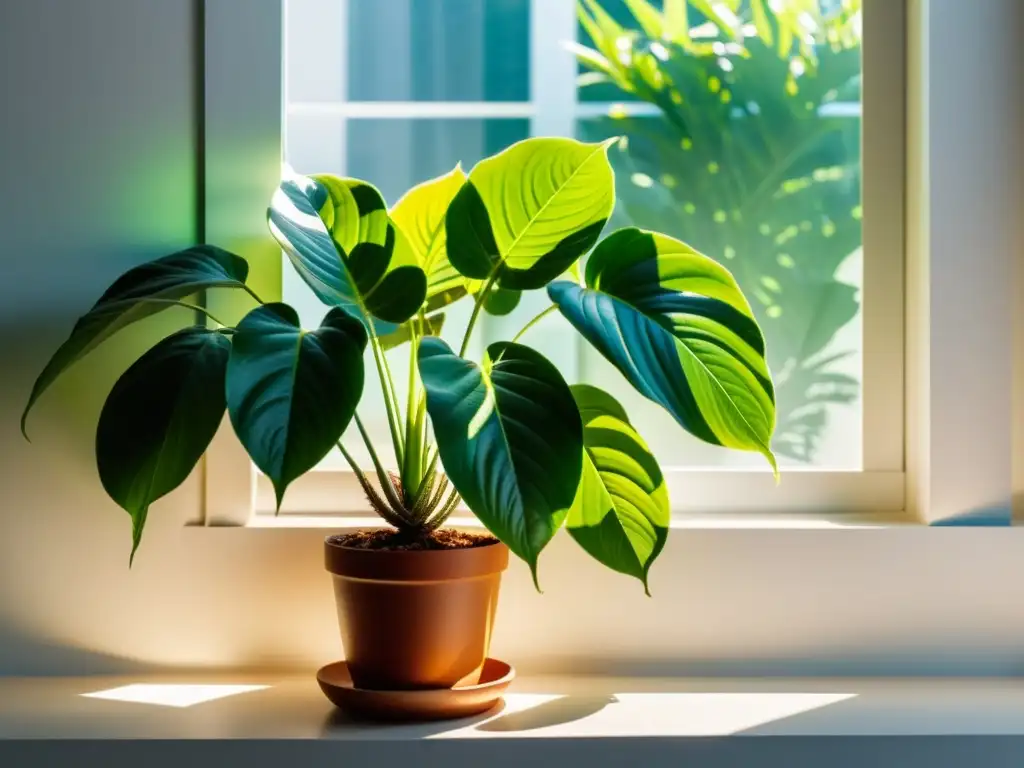 Planta de interior en ventana blanca, necesidades de luz para plantas de interior