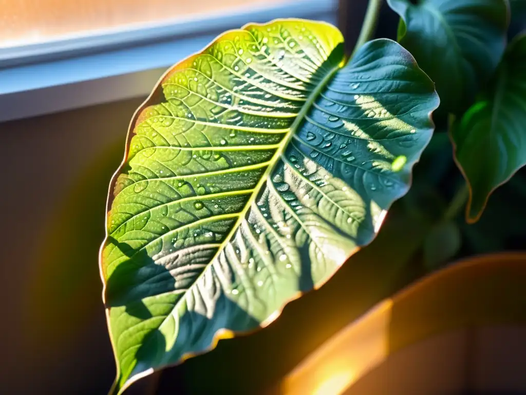 Planta de interior verde bañada por cálida luz solar, resaltando sus detalles