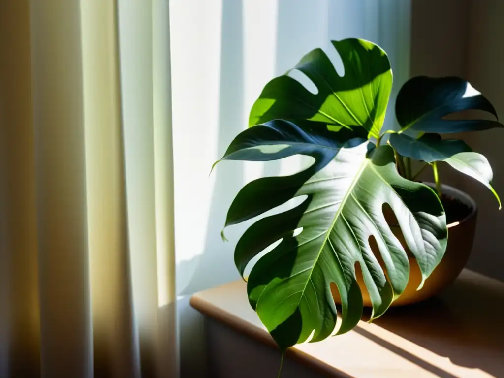 Planta de interior verde bañada en cálida luz