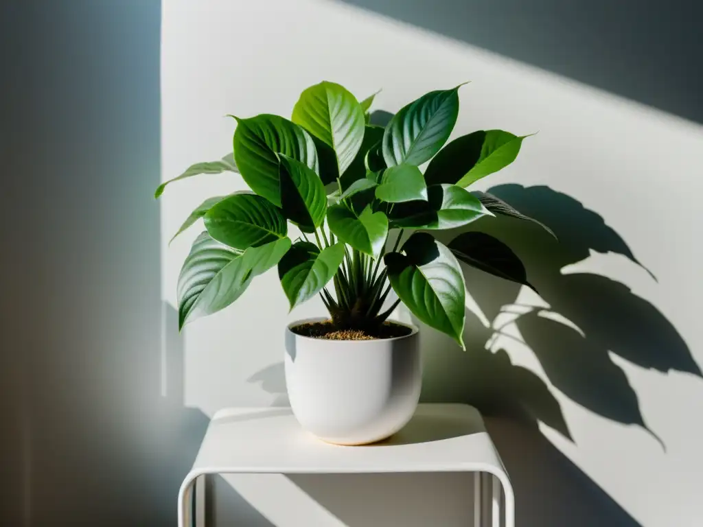 Planta de interior verde y exuberante en soporte blanco