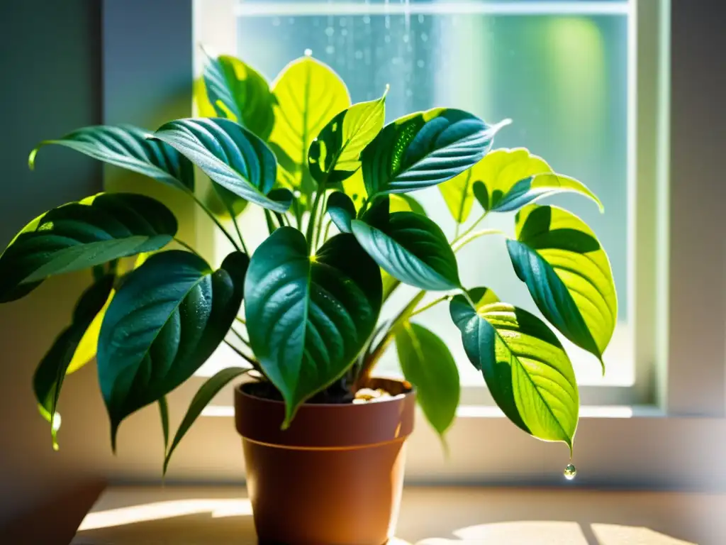 Planta de interior verde con gotas de agua, bañada por la luz solar