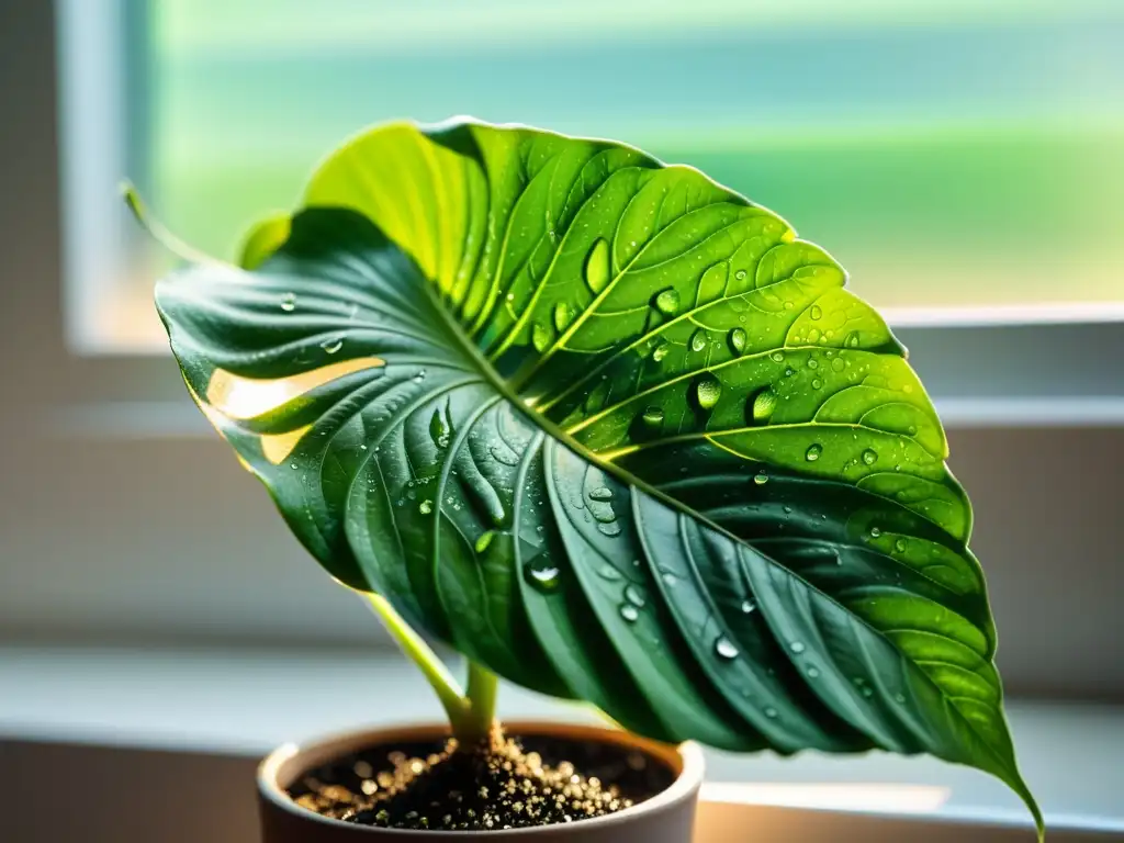 Planta de interior verde con gotas de agua, resalta la importancia de la humedad para plantas de interior