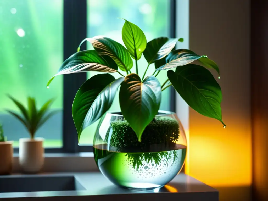 Planta de interior verde con gotas de agua en hojas, ambientación serena y moderna