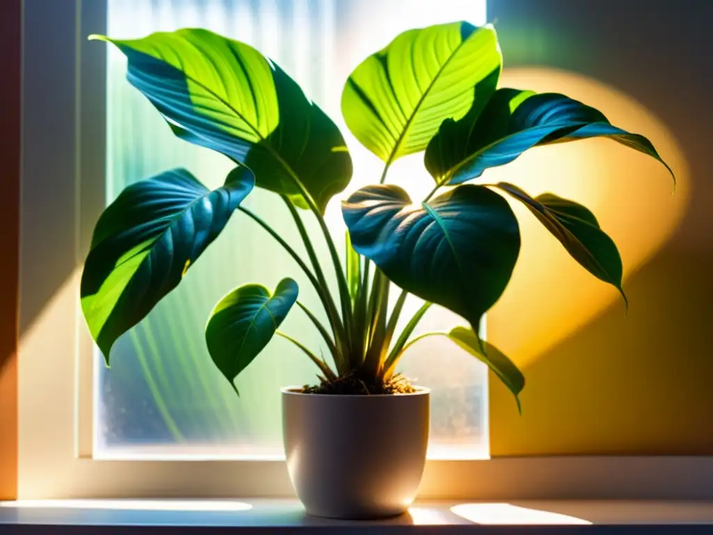 Planta de interior verde iluminada por la luz solar cálida