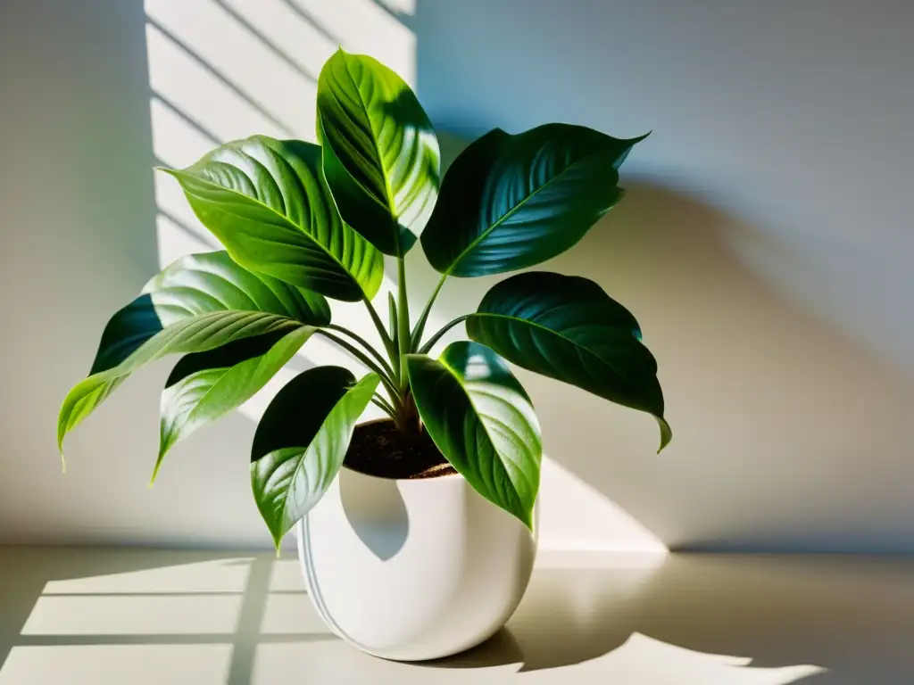 Planta de interior verde en maceta blanca, con luz solar creando sombras